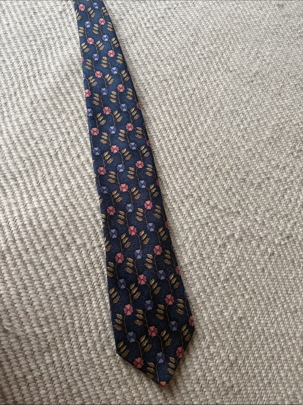 Ermenegildo Zegna Navy Silk Tie with Pink and Gold Floral Motif